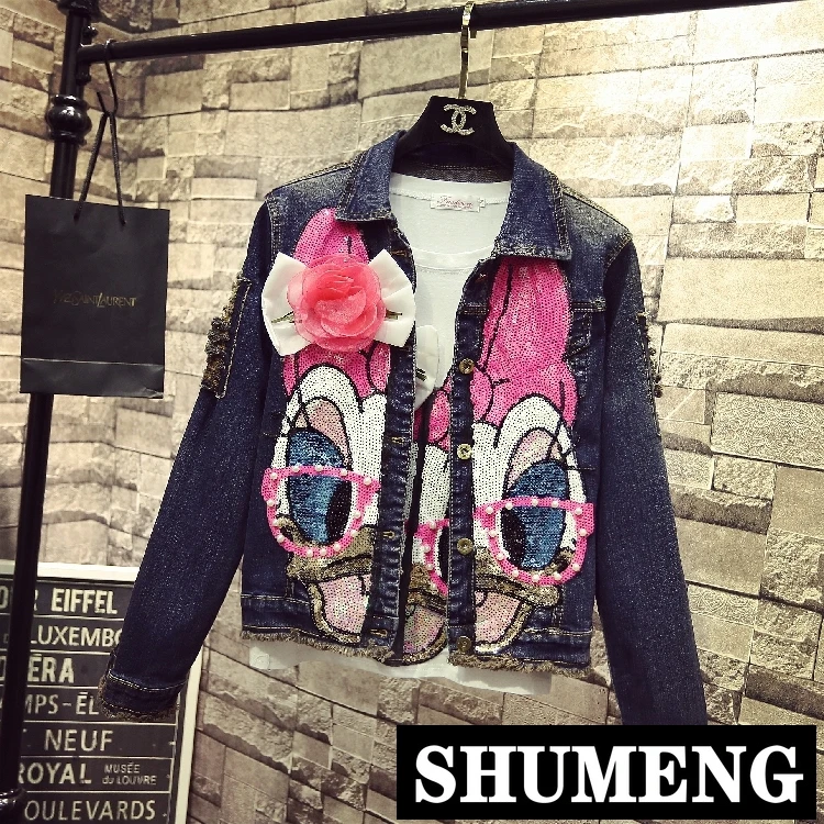

2019 Students Short Denim Jacket Coats Spring autumn Women New Fashion Pearl Pink Sequin Long Sleeved Jeans Cowboy Coat Overcoat