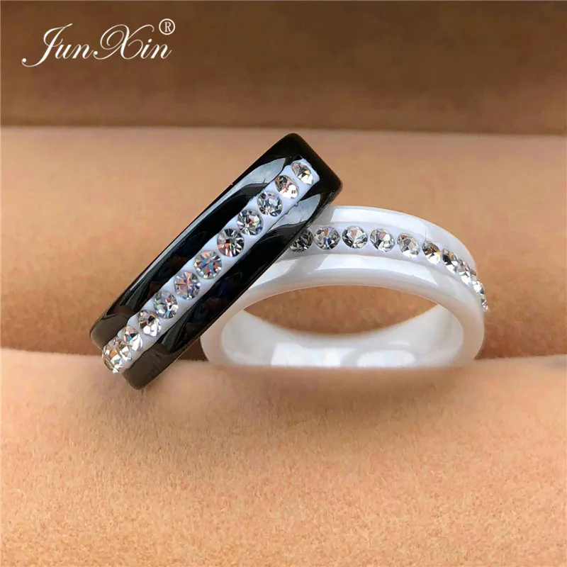 

2019 Fashion Black/White Ceramic Ring Silver Color Small Zircon Finger Ring Couples Promise Rings For Women Man Crystal Jewelry