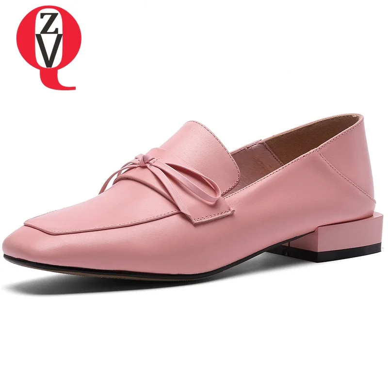 

ZVQ women fashion low heels shoes genuine leather good quality mules ladies square toe bowtie spring new style woman shoes 2019