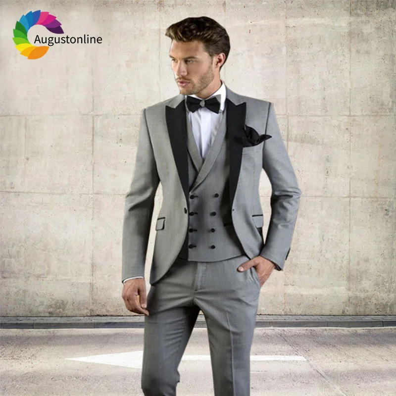 Grey Men Suits For Wedding Suit Business Custom Slim Fit Groom Prom Tuxedos Tailor Made Costumes Best Man Traje Hombre 3 Pieces men tuxedos tailor made 2 pieces double breasted stripes slim fit blazer british style jackets formal business causal prom