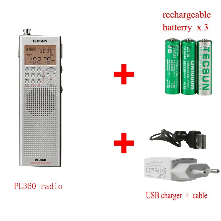 Tecsun PL-360 полнодиапазонная FM/MW/LW/SW цифровая Демодуляция пожилых карманная стерео Портативная полупроводниковая зарядка кампус радио - Цвет: Silver USB Set