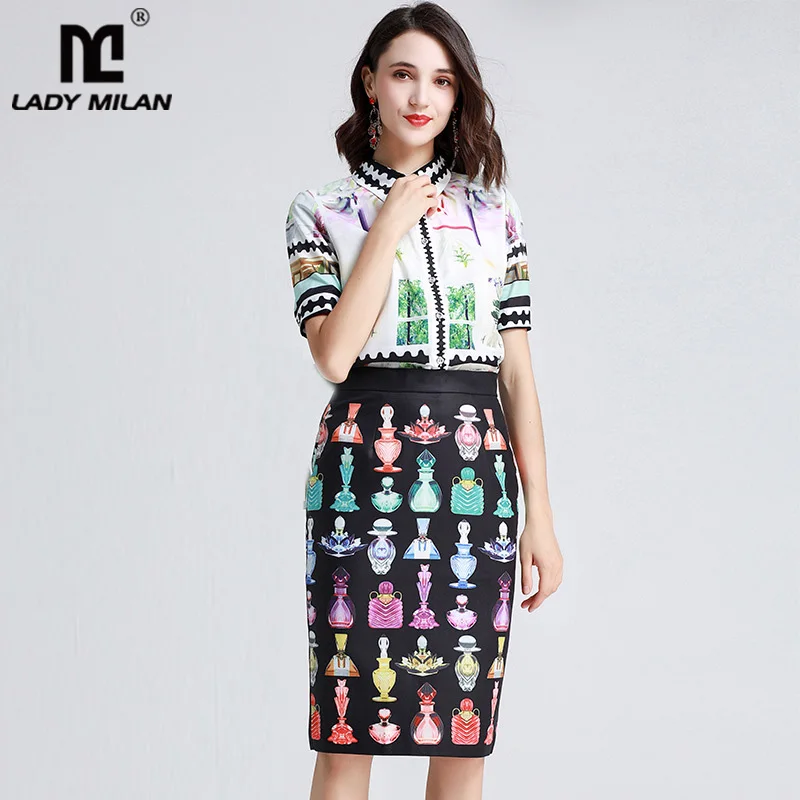 

Women's Runway Designer Twinsets Turn Down Collar Characters Printed Shirts with Split Pencil Skirts Two Piece Dresses Sets