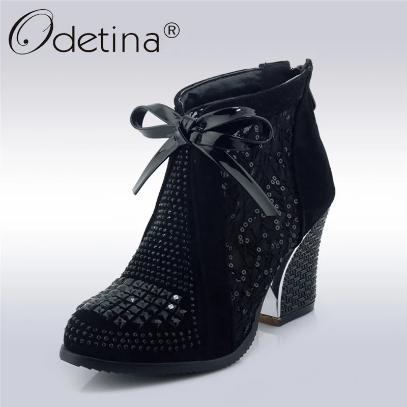 

Odetina 2018 New Fashion Mesh Summer Boots For Women Square High Heels Round Toe Shoes Lady Bow Tie Ankle Booties Big Size 43