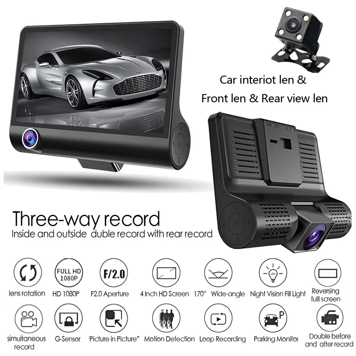 

KROAK Three Lens 4'' Screen Car DVR Camera 1080P Full HD Video Recorder Rear view Wide Angle Camcorder G-sensor