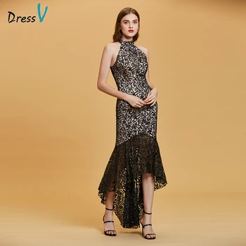 

Dressv black evening dress cheap high neck zipper up lace appliques mermaid wedding party formal dress trumpet evening dresses