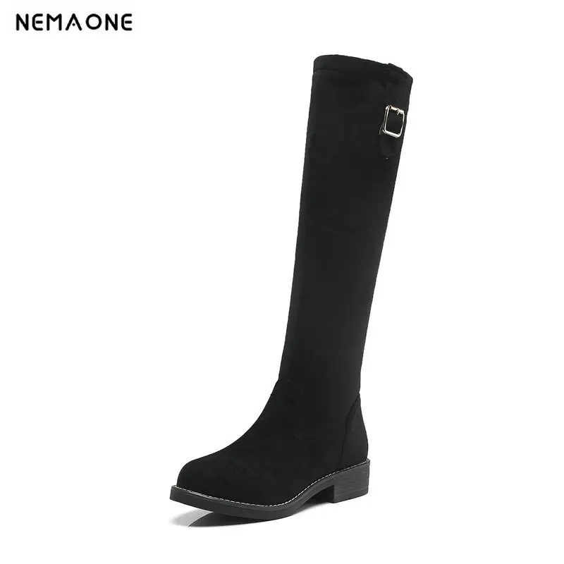 

NEMAONE 2019 new fashion shoes woman round toe zipper autumn winter boots square heels solid colors knee high boots women