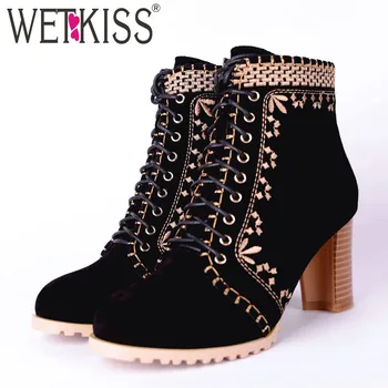 

WETKISS Embroider Women Ankle Lace Up Boots Round Toe Footwear Cow Suede Female Boot Fashion Thick High Heels Shoes Woman Spring