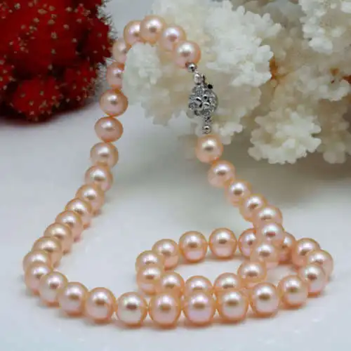 

8-9mm Pink Akoya Cultured Pearl Round Beads Necklace 18" ^^^@^Noble style Natural Fine jewe FREE SHIPPING