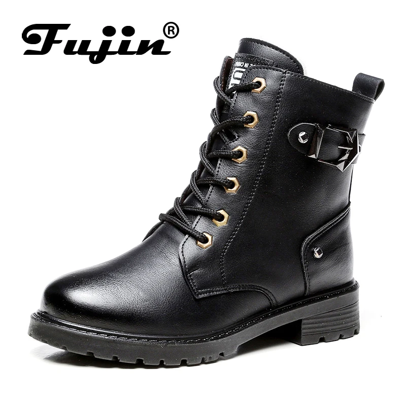 

Fujin Brand Women Ankle Boots PU Leather Short Plush Fur Winter Shoes Female Boots Keep Warm Lace Up Booties for Women Shoes