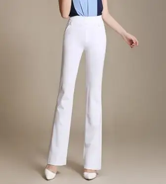 Женские брюки-клеш размера плюс 4, однотонные, черные, белые, бежевые, синие, из смешанного хлопка, брюки с эластичной резинкой на талии, женские весенние брюки qzq0703 - Цвет: Белый