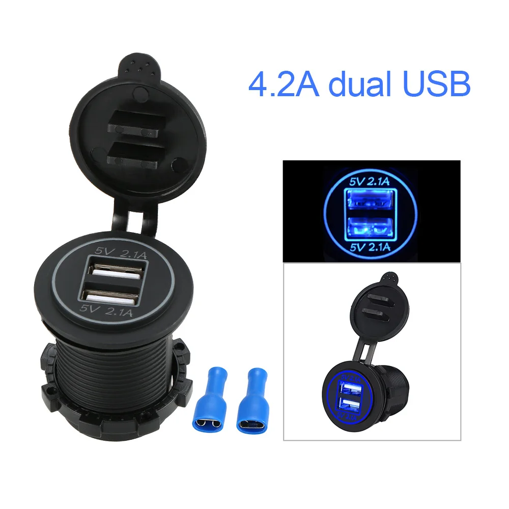 Двойной 2 USB выход 2.1A порт розетка зарядное устройство адаптер питания для машины, лодки, мотоцикла синяя светодиодная подсветка