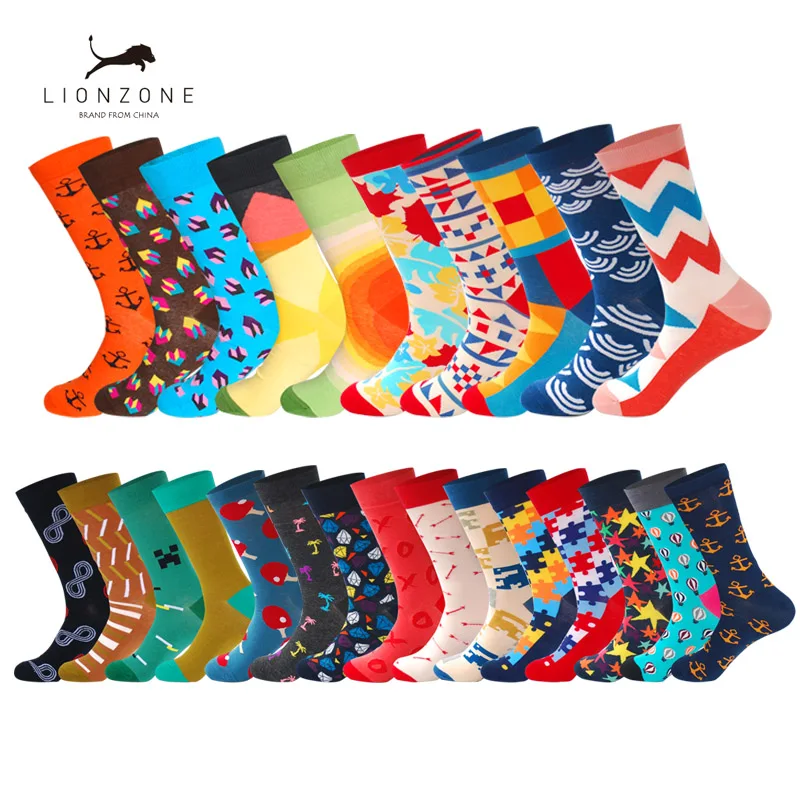Hot Selling Spring Men Combed Cotton Socks With Striped Many-Sided Figure Art Jacquard Hit Color Long Dot Happy 2Pairs | Мужская одежда