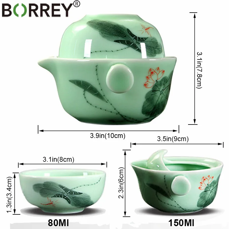 BORREY Celadon Gaiwan дорожный чайный сервиз, китайский фарфоровый чайный горшок, Набор чашек, керамический гайвань, чайный горшок, портативный чайный набор кунг-фу, Чайник Пуэр