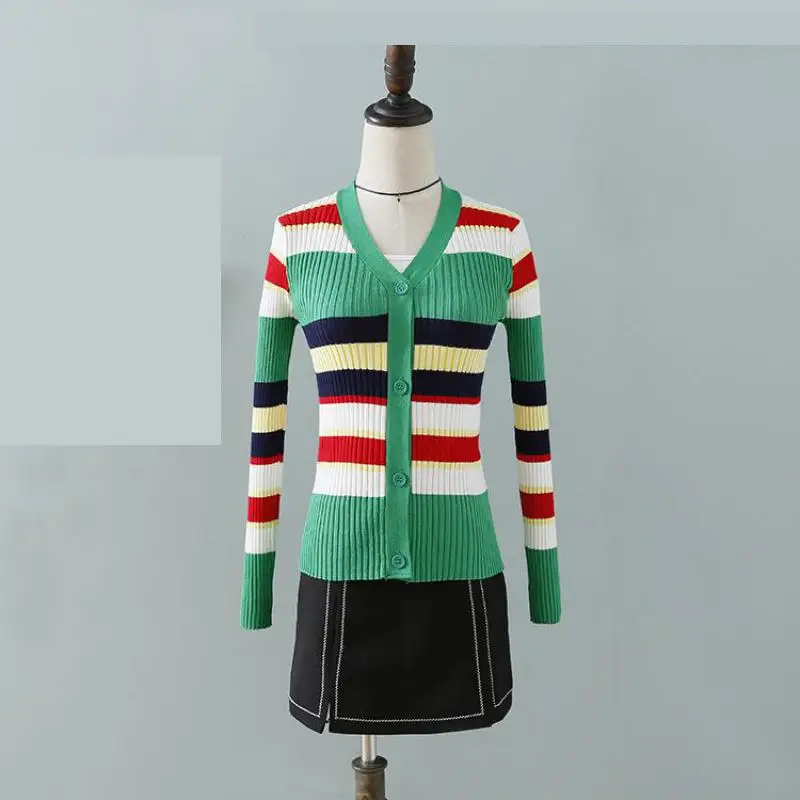 2019 Spring New Fashion Hit Color Stripe V Neck Single Breasted Slim Classic All-match Elegant Cardigan Feminino Free Shipping 2019 Spring New Fashion Hit Color Stripe V Neck Single Breasted Slim Classic All-match Elegant Cardigan Feminino Free Shipping