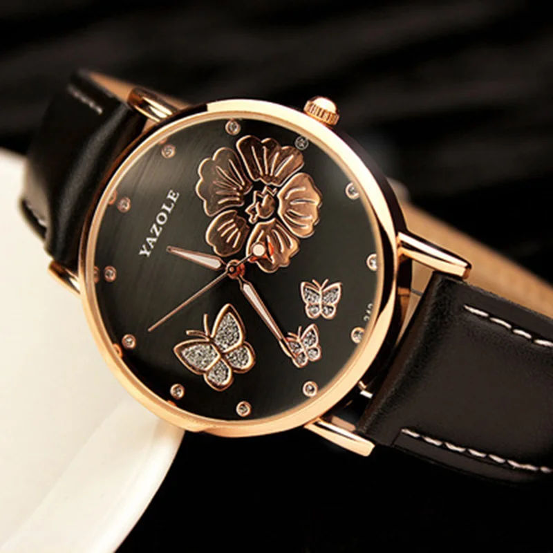 Лидирующий бренд YAZOLE модные часы с бабочкой из розового золота Женские часы Роскошные Стразы кварцевые часы Hour montre femme reloj mujer - Цвет: black 1