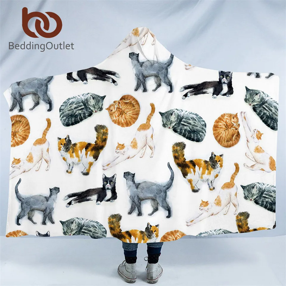 BeddingOutlet Cute Cats Hooded Blanket Cartoon Sherpa Fleece Microfiber for Kids Watercolor Pet