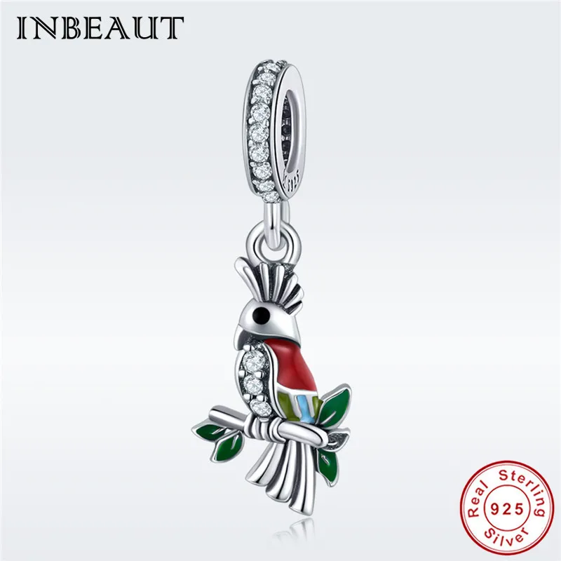 

Cute Parrot Pendant Necklace Beads 925 Sterling Silver White Cubic Zirconia Green&Red Enamel Bird Charm fit Pandora Bracelet