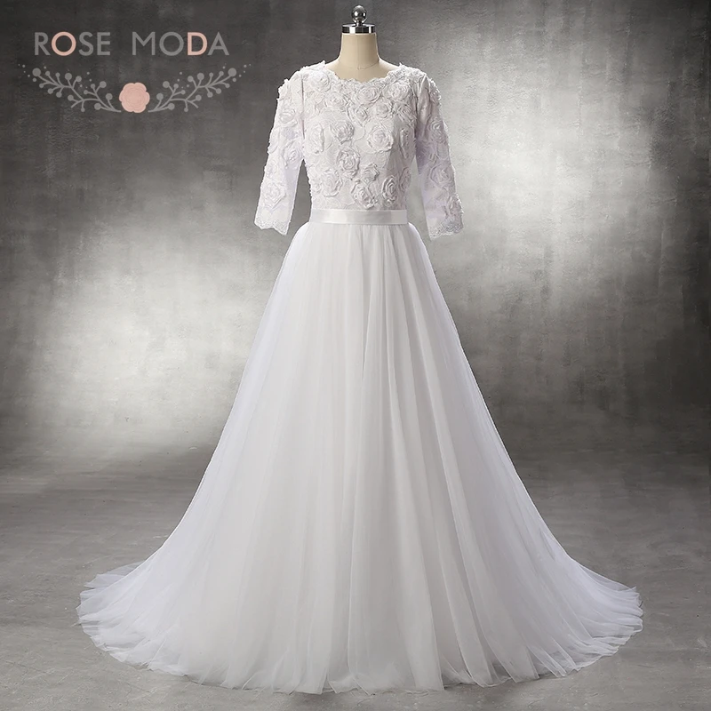 Rose Moda Long Sleeves Wedding Dress with 3D Lace Princess Tulle