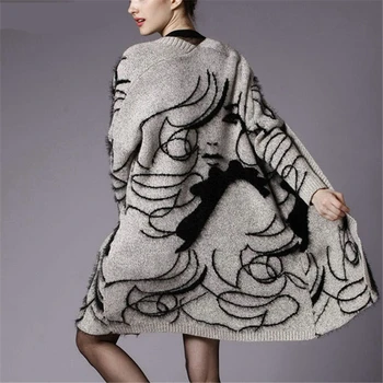 

2016 Autumn Winter New Loose Slim Gray Black Knitted Women Long Thick Cardigan Knitwear Wholesale