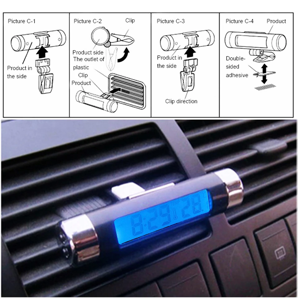 Sikeo клип-на цифровой подсветкой автомобильные часы-термометр lcd 2 в 1 электронные часы авто часы орнамент интерьер для автомобиля практичный