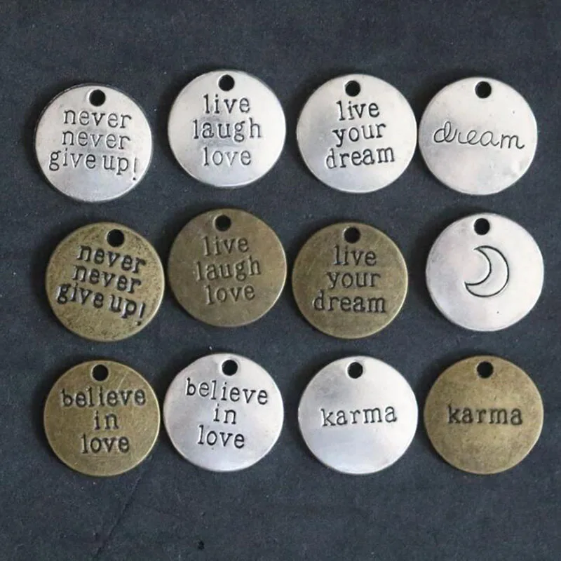 

12pcs/lot Vintage Silver Live your Dream Karma Believe in Love Charms Pendants for Jewelry Making DIY Handmade 20mm