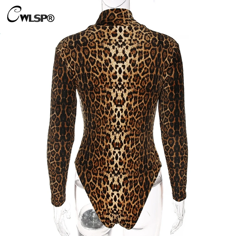 CWLSP Leopard Skinny Women Bodysuit With Zipper 2018 New Fashion Bodysuit Half Turtleneck Long Sleeve Jumpsuit Female QZ2652