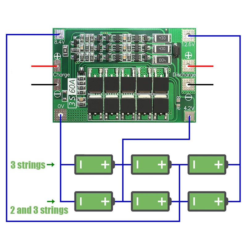 New 3S 12.6V 60A w/Balance 18650 Li-ion Battery BMS Protection Board Suitable For 26650 Lithium Batteries Mayitr