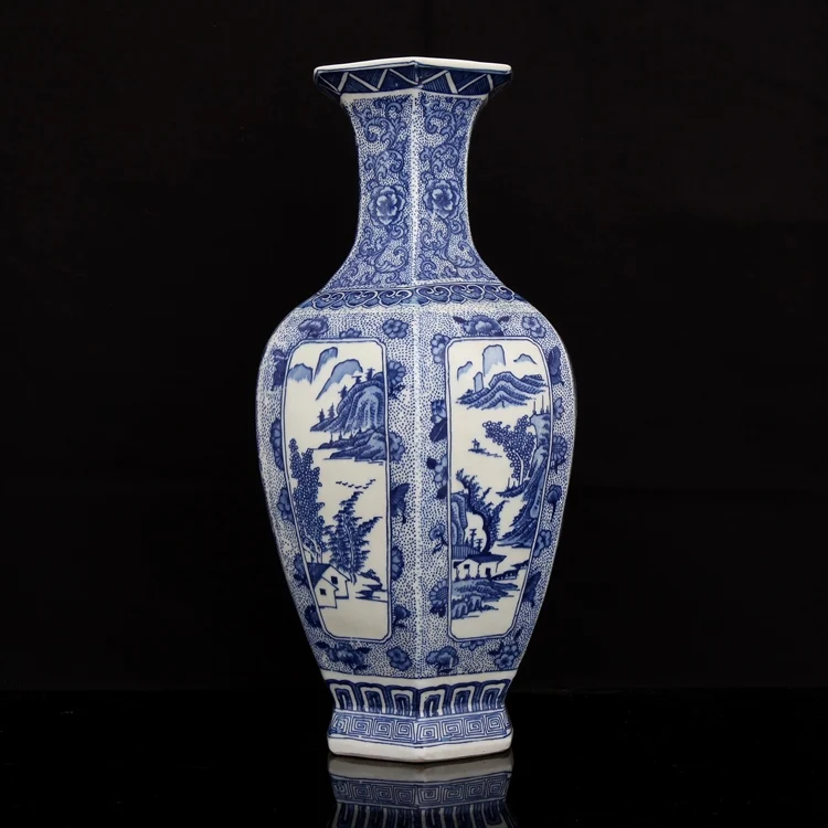 Qing Qianlong год знак Шестигранная ваза Цзиндэчжэнь античный синий и белый пейзаж узор фарфоровая напольная ваза большого размера - Цвет: vase x1