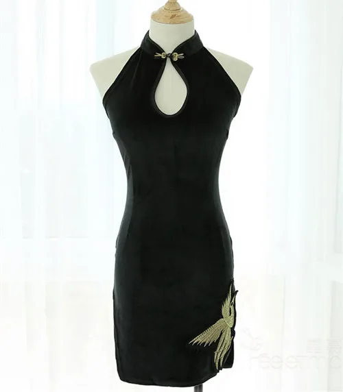 Сексуальное платье для ночного клуба в стиле ретро с вышивкой журавля Cheongsam бархатное нижнее белье женское китайское платье Ципао с разрезом современное короткое платье Ципао - Цвет: Черный