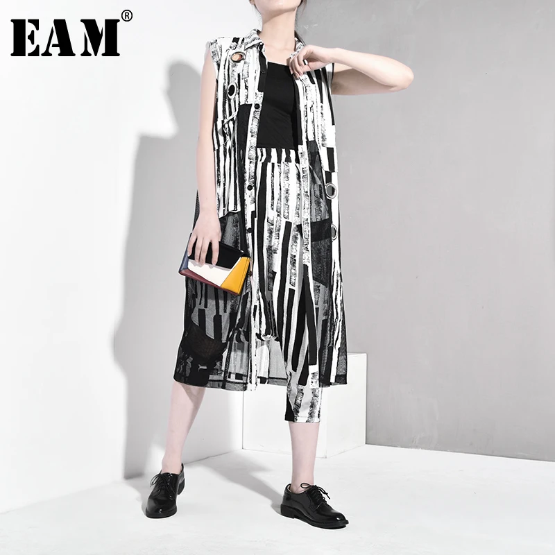 

[EAM] 2019 New Spring Autumn Lapel Sleeveless Black Striped Split Joint Mesh Loose Temperament Vest Women Fashion Tide JT184