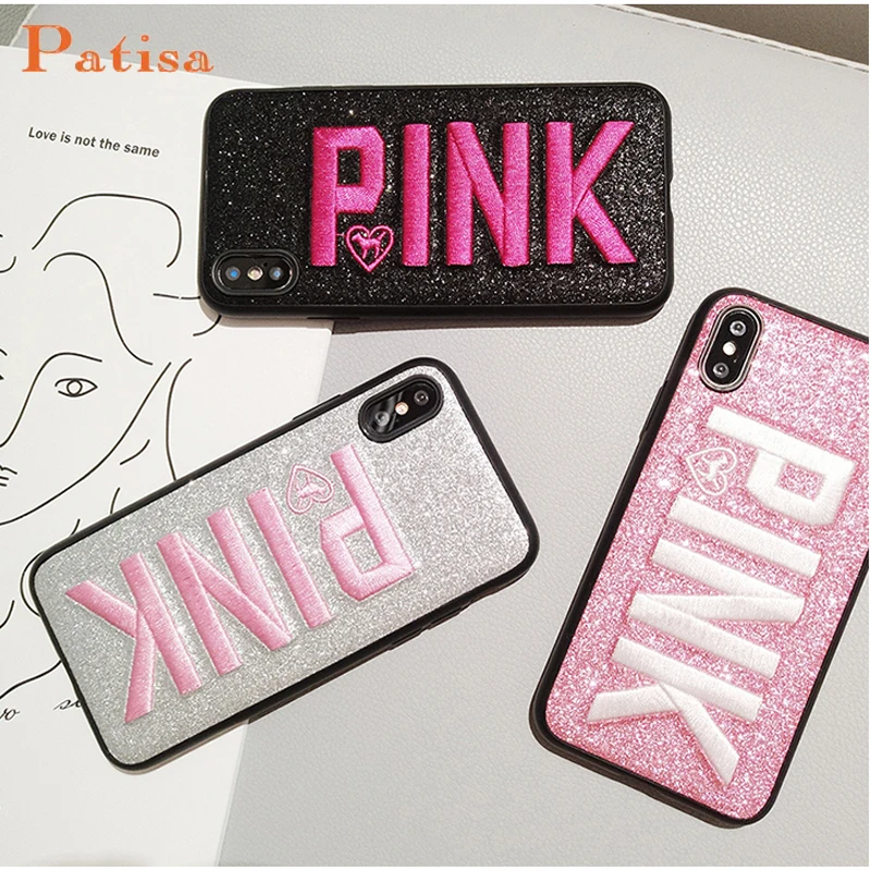 

Hot Fashion Pink embroidery glitter Soft TPU Silicon For Samsung Galaxy S9 S8 note9 Phone Case for iPhone 6s 6 7 8 Plus X Cover