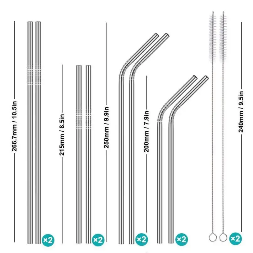 Длинная металлическая соломинка из нержавеющей стали с чистящими щетками, набор рециркулированных трубок из нержавеющей стали, Прямая поставка, 18jul24