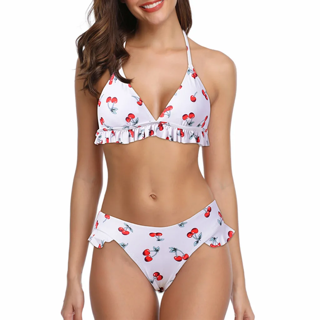 

Ladies High Waist Swimsuit Fruit Print Sexy Bikini Set V-Neck Backless Ruffles Two Pieces Bathing Suit Women Push Up Biquinis