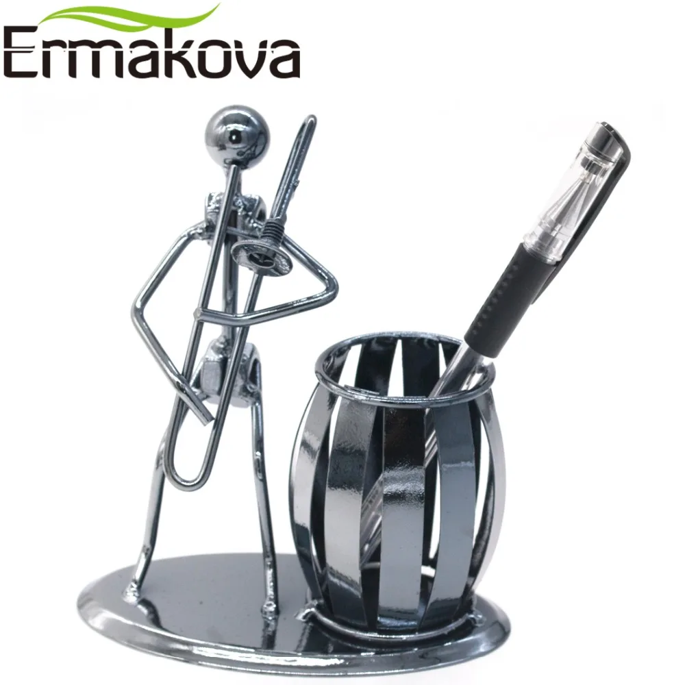

ERMAKOVA Metal Music Band Retro Trombone Musician Figurine Model Iron Man Pencil Cup Pen Container Pen holder Office Decor