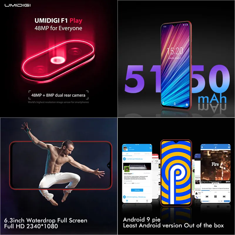 Cheap UMIDIGI F1 Play Android 9.0 6GB RAM 64GB ROM 48MP+8MP+16MP Cameras 5150mAh 6.3" FHD+ Helio P60 Global Version Smartphone Dual 4G 2