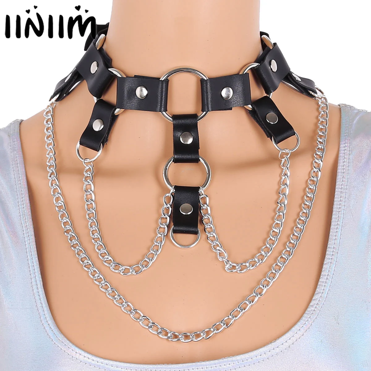 

iiniim Womens Girls PU Leather Gothic Punk Pole Dancing Clubwear Choker Collar Chain Tassel Evening Costumes