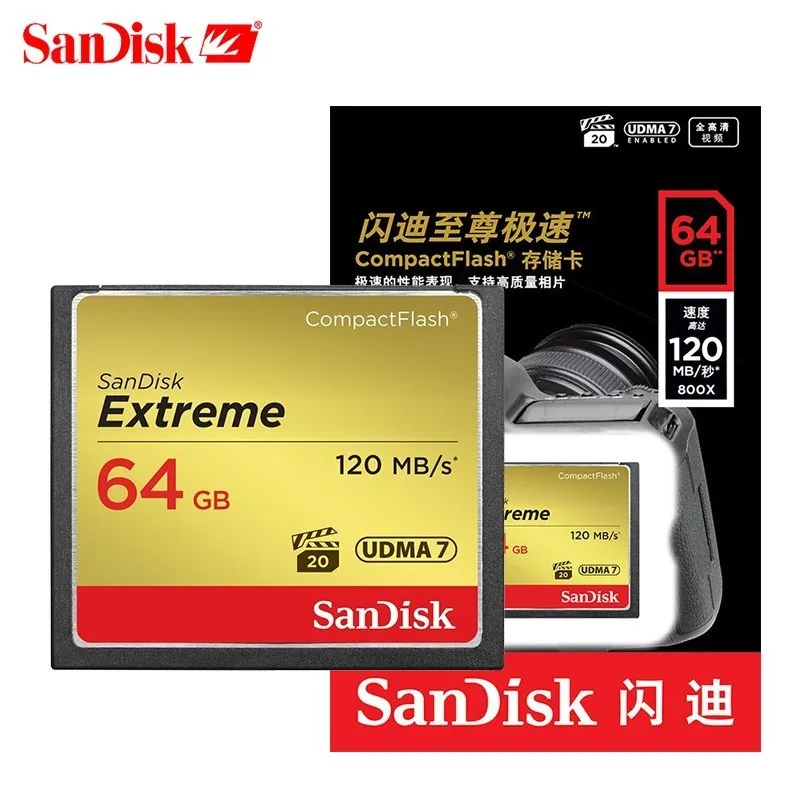 Двойной Флеш-накопитель SanDisk Memory Card Extreme CompactFlash 16 ГБ 32 ГБ 64 ГБ 128 ГБ карта CF 800X VPG-20 120 МБ/с. для богатых 4K и Full HD видео SDCFXS