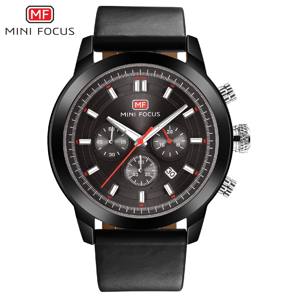 

MINIFOCUS Chronograph Mens Watches Top Brand Luxury Quartz Clock Genuine Leather Strap 3 Dials 6 Hands Date Fashion Wrist Watch