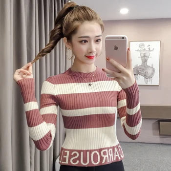 

New Autumn Winter Women Striped Soft Letters Sweater O-Neck Cropped Pullover Sweater Crop Top For Female GT336