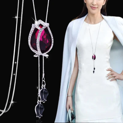 Meyfflin Collier Femme, длинное ожерелье с искусственным жемчугом, модное женское колье Снежинка с кристаллами, подвеска, ювелирная цепочка, бижутерия, подарки - Окраска металла: red tulip