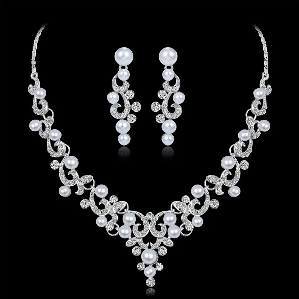 

Fashion Alloy Rhinestone Faux Pearl Necklace / Earrings Women Bride Jewelry Set