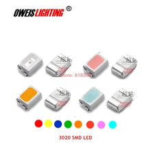 100 шт. 3020 SMD светодиодный светильник, красный, синий, зеленый, желтый, оранжевый, янтарный, розовый, небесно-голубой(ультра яркий), 20 мА