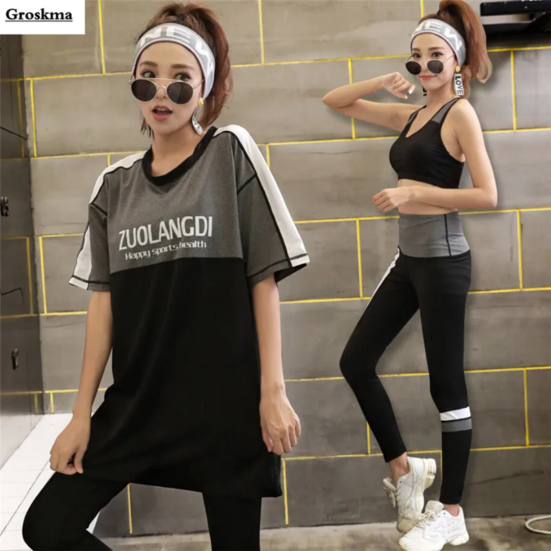 

Loose t shirt+sexy bra+high waist pants women sportswear 3 piece set quick dry fitness gym yoga suit sets plus size clothing 4XL