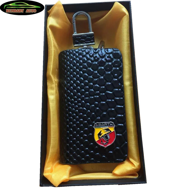 KUNBABY кожаный чехол для автомобильных ключей из змеиной кожи, чехол для ключей, кошелек для ключей Abarth - Название цвета: Black
