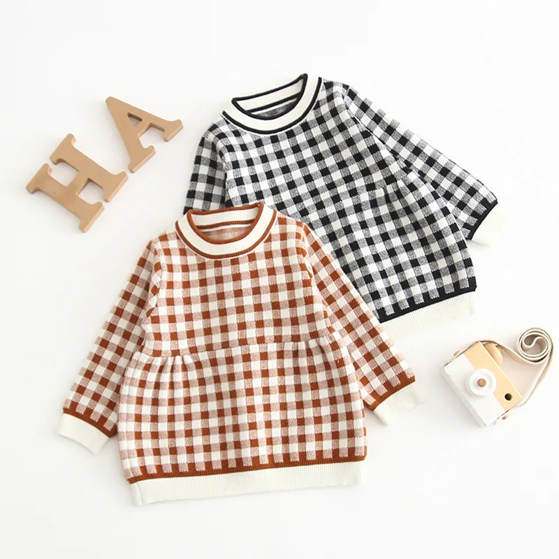 

Long-sleeved Plaid Cotton dress Sweater With Two-color Princess For Infants And Young Girls Of 2019 Flower Girl Dresses
