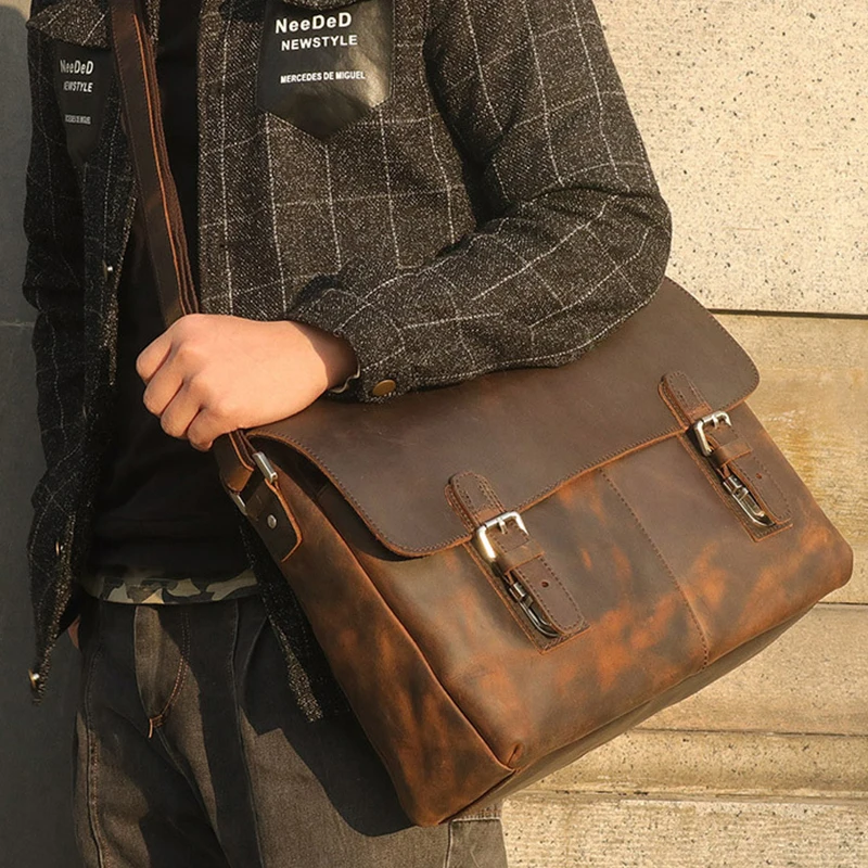 

New High-end Crazy Horse Leather Men's Shoulder bag men Messenger Bag reto Crossbody Bag briefcase Laptop Bag