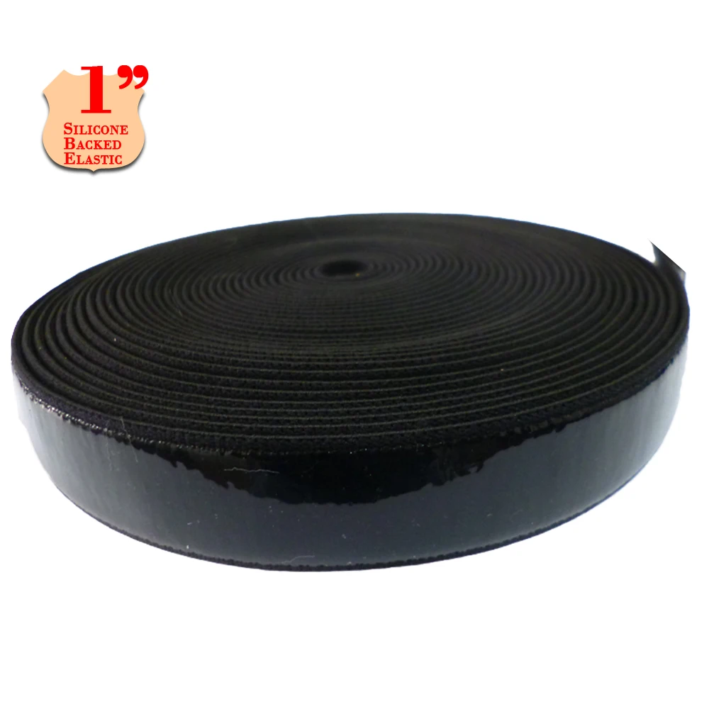 

elastic strap with silicone grip 1" webbing with silicone gripper color black for dress bag belt hair tie shoes head lamp