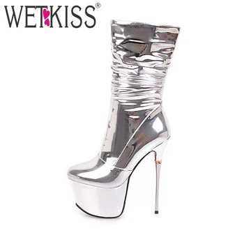 

WETKISS 2018 Fashion Shoes Woman Super High Heels Boots Thick Platform Sexy Patent Upper Women's Boots Party Bar Female Footwear