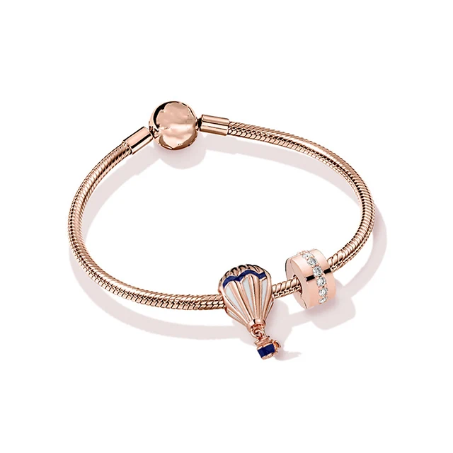 

925 Sterling Silver Travel Rose Gold Blue Hot Air Balloon Crystal Pendant Set Fit Women Bangle Bead Charm DIY Jewelry
