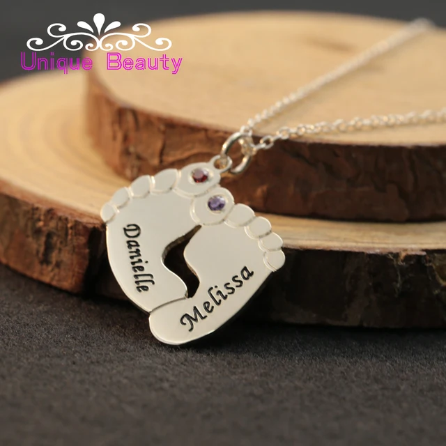 925 Sterling Silver Baby Feet Necklace Birthstone Name Customized